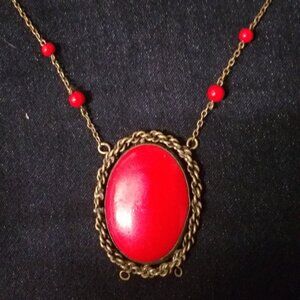 Red Vintage Pendant with Gold Chain!